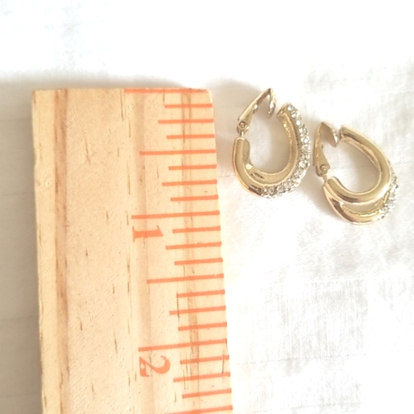 Gold Rhinestone Double Hoop Earrings Clip On - Picture 3 of 4